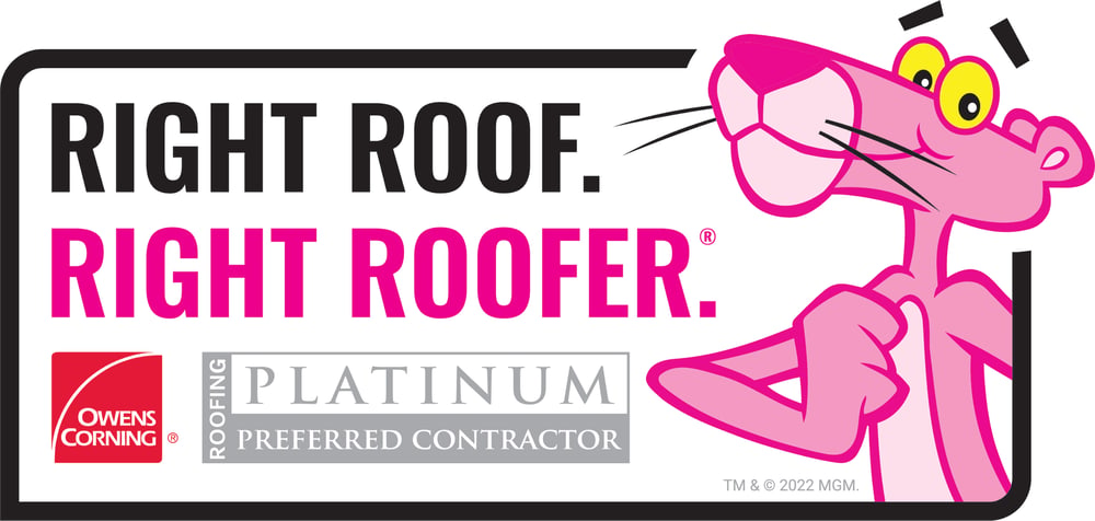 The Pink Panther mascot next to the Owens Corning logo and the text Preferred Contractor.