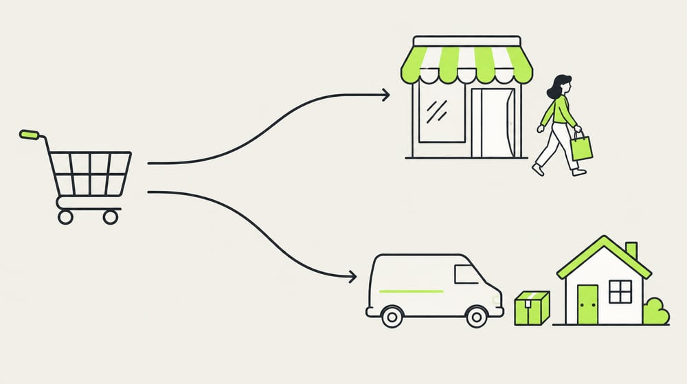 Illustration: Von einem Einkaufswagen führen zwei getrennte Wege zu einem Laden mit Kundin und Tüte und zu einem Lieferwagen mit Paket vor einem Haus