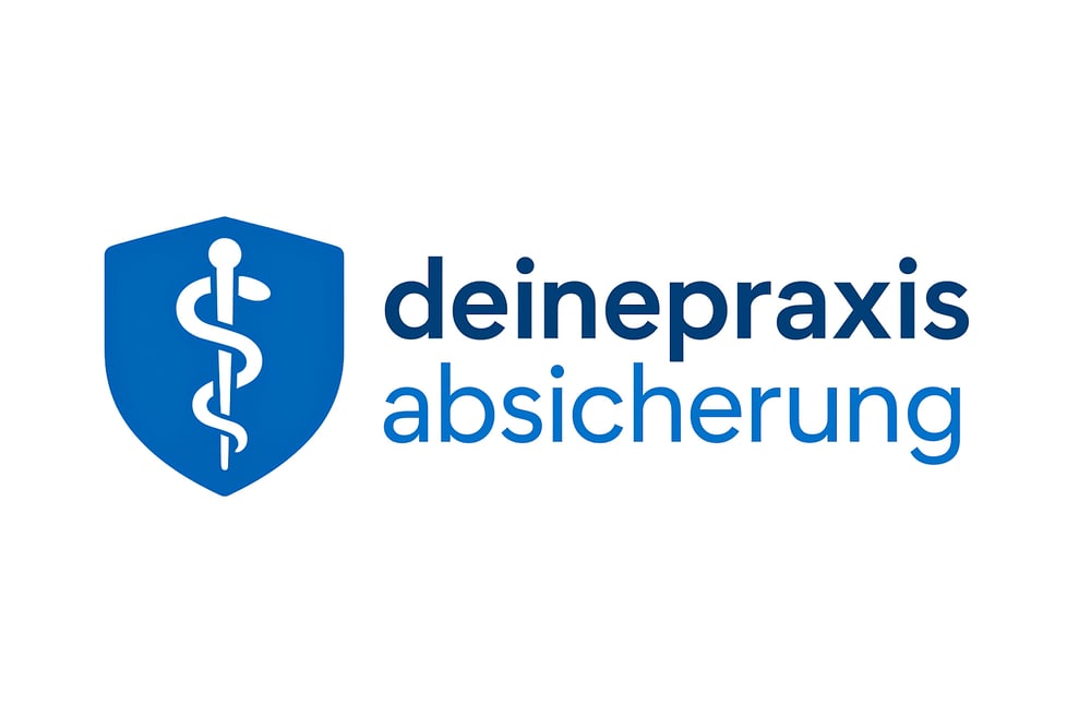 Blauer Schild mit Äskulapstab, daneben der Text "deinepraxis absicherung" in Dunkelblau.