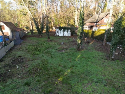 Ein grüner Garten mit Bäumen, einem Schuppen links, einem Haus rechts und vier weißen Statuen im Hintergrund.