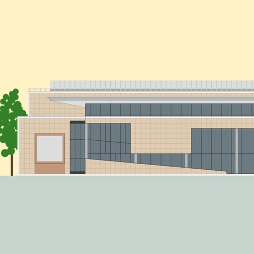 Illustration des Hauses der Geschichte in Bonn mit heller Fassade und Glasfront