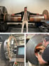 Nezih Güleç mit einem großen Drehteil in der Fertigungshalle von DrehTEC, CNC-Drehmaschine mit großem Werkstück in der Bearbeitung eines dünnwandigen Messingrings + Bedienpanel im Vordergrund, Mitarbeiter von DrehTEC beim Innen-Schleifen eines rotationssymmetrischen Bauteils