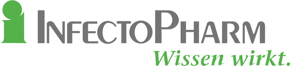 InfectoPharm Logo mit grünem Symbol und dem Slogan Wissen wirkt.