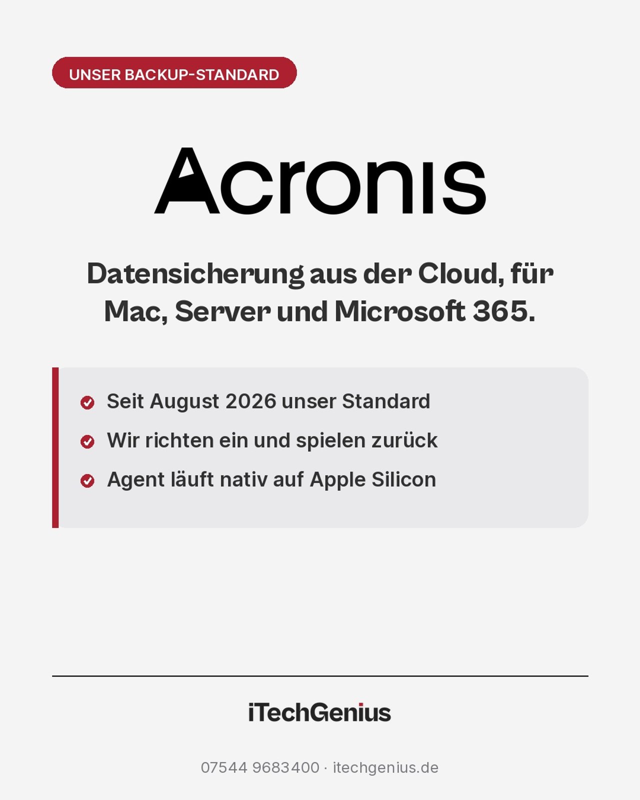 Grafik von iTechGenius mit Acronis-Logo: Datensicherung aus der Cloud für Mac, Server und Microsoft 365, Agent läuft nativ auf Apple Silicon