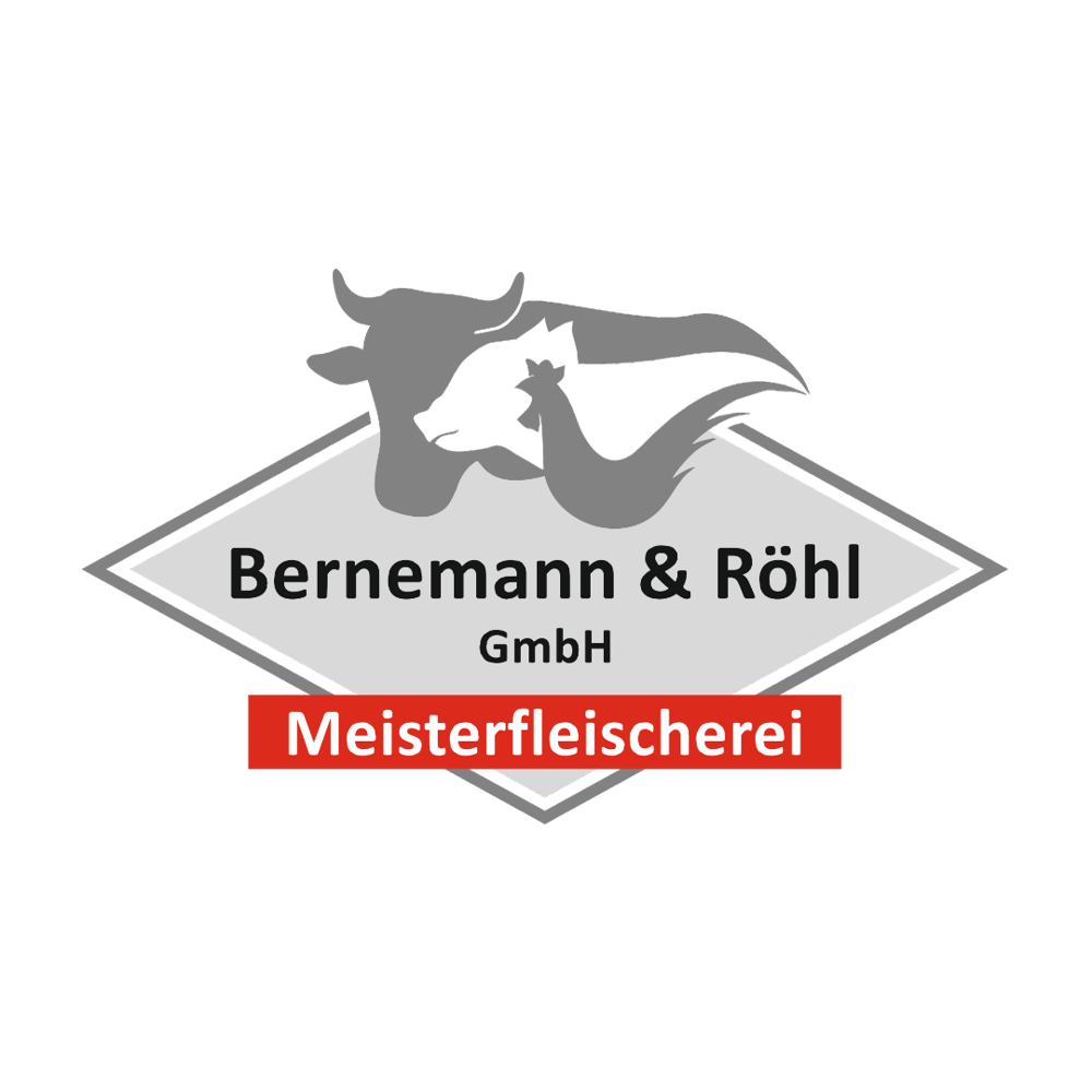 Graues Logo mit stilisierten Kuh- und Hühnersilhouetten, Text "Bernemann & Röhl GmbH" und rotem Band "Meisterfleischerei".
