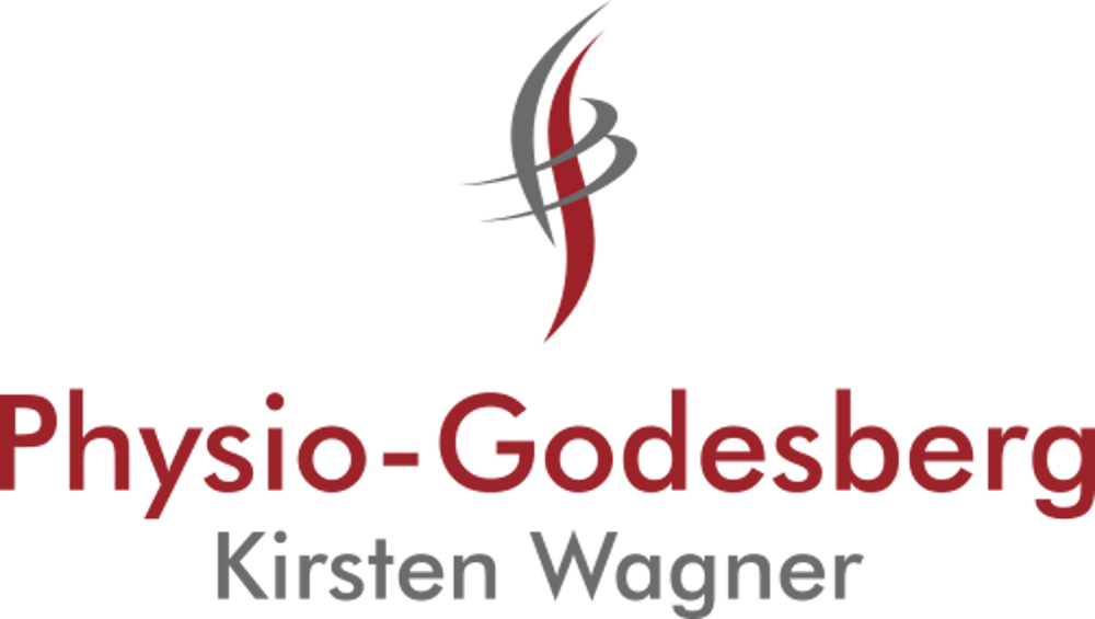 Logo von Physio-Godesberg Kirsten Wagner mit abstraktem geschwungenem Symbol in Rot und Grau auf schwarzem Grund.