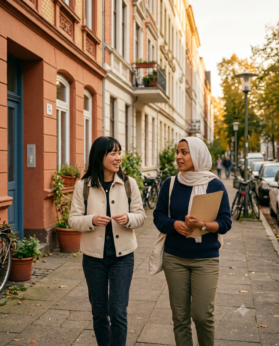 Zwei Menschen gemeinsam auf dem Weg zu einer Wohnungsbesichtigung