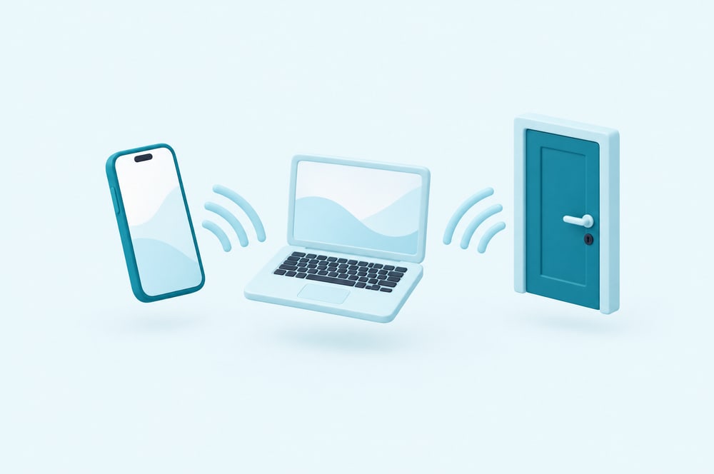 Illustration: Smartphone, Laptop und Tür, verbunden durch Signalwellen