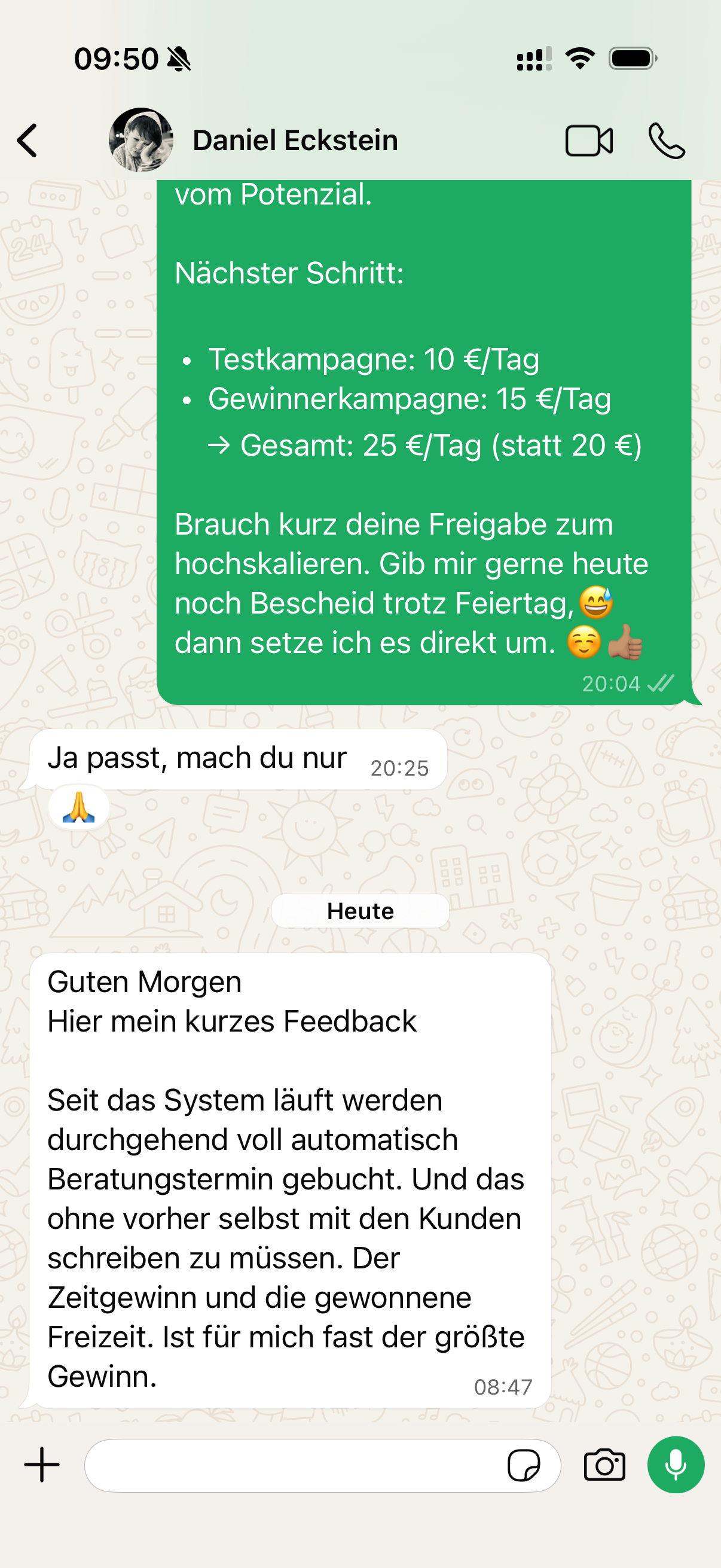 WhatsApp-Nachricht von einem Studioinhaber