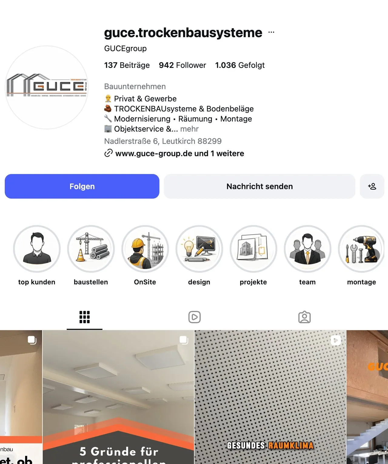 Instagram-Profil von GUCE Trockenbausysteme