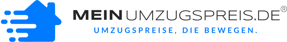 Logo von MeinUmzugspreis.de mit blauem Haus-Symbol, das sich schnell bewegt, und dem Slogan "UMZUGSPREISE, DIE BEWEGEN."