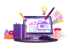Computermonitor mit Webdesign-Software, umgeben von Zeichenwerkzeugen, Farbpalette und Glühbirne.