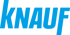 Blaues Knauf Firmenlogo in serifenloser, kursiver Fettschrift auf schwarzem Hintergrund.