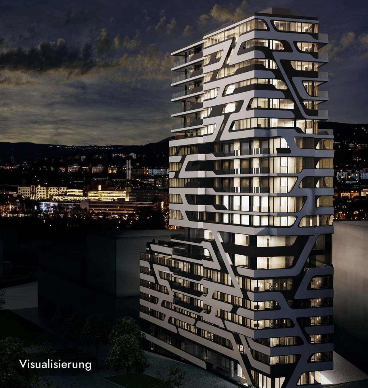 Visualisierung: Hochhaus CLOUD N°7 bei Nacht, Ansicht von Westen