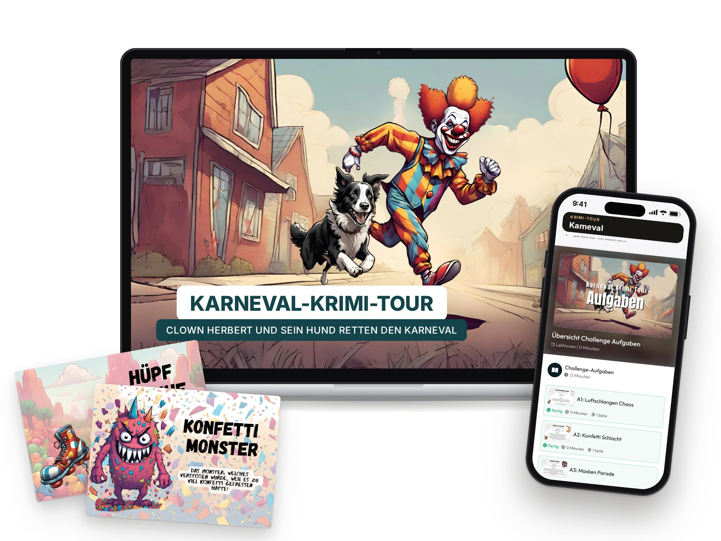 Mockup Karneval-Krimi-Tour auf Laptop, Handy und Karten