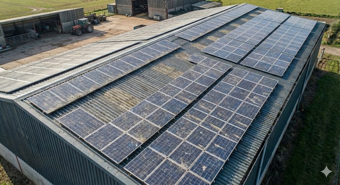 Verschmutzte Photovoltaikanlage auf dem Dach eines Landwirts