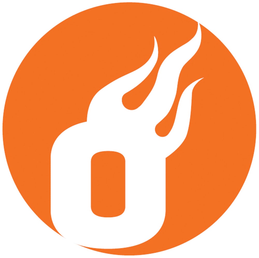 Weißes "O" mit Flammen, die nach oben aus der oberen linken Ecke aufsteigen, auf orangefarbenem Kreis.