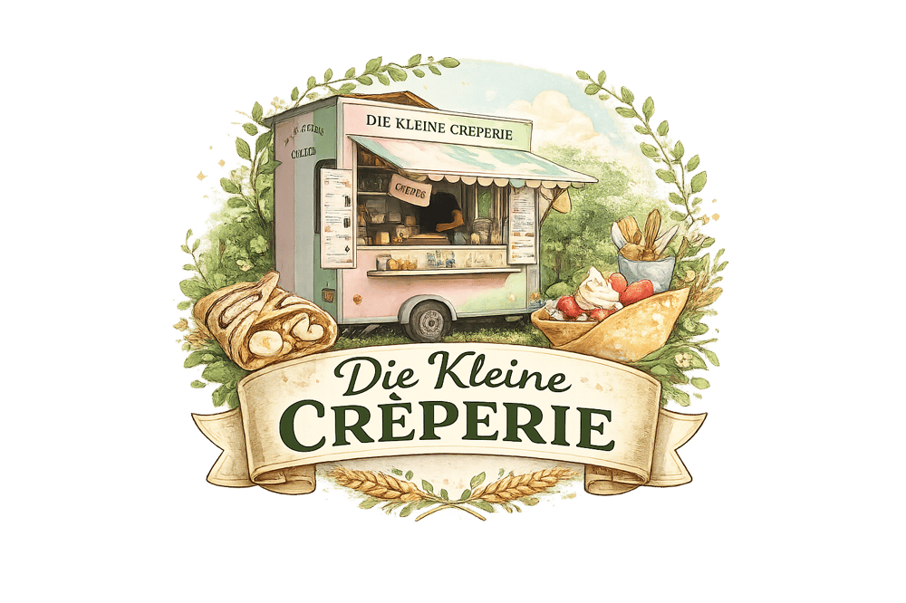 Vintage-Logo "Die Kleine Crêperie" mit Food-Truck, Crêpe und Dessertschale, umgeben von grünen Blättern.
