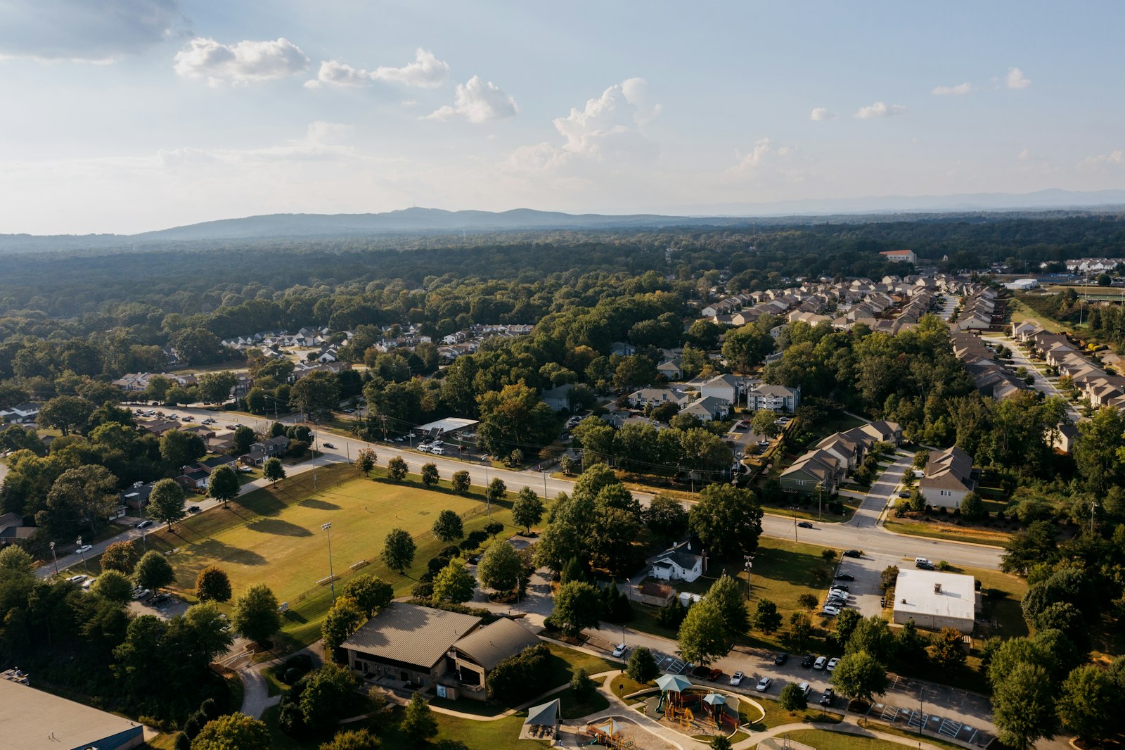 Aerial view of a suburban Fort Bend County neighbourhood with tree-lined streets