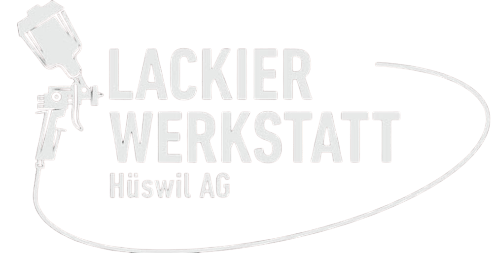 Lackierwerkstatt Hüswil AG Logo mit Spritzpistole und geschwungener Linie.