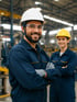 Lächelnder Industriearbeiter mit weißem Schutzhelm, Schutzbrille und blauem Blaumann in einer Fabrikhalle.