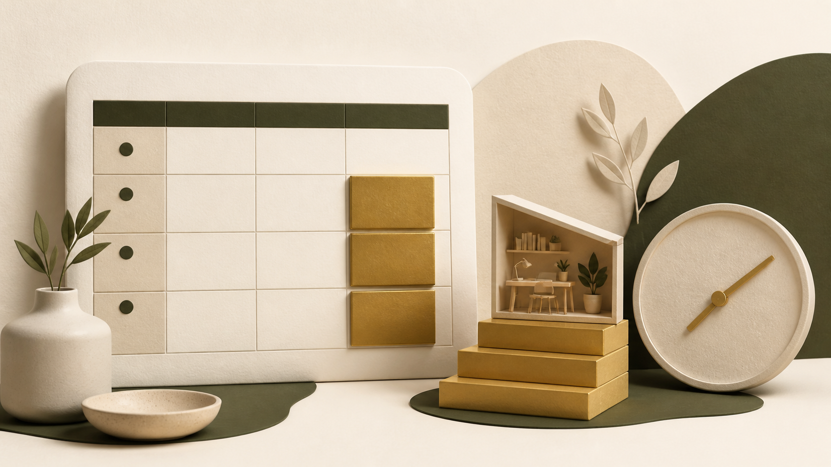Wochenkalender mit drei goldenen Zeitblöcken, Uhr und wachsendem Arbeitsstudio.