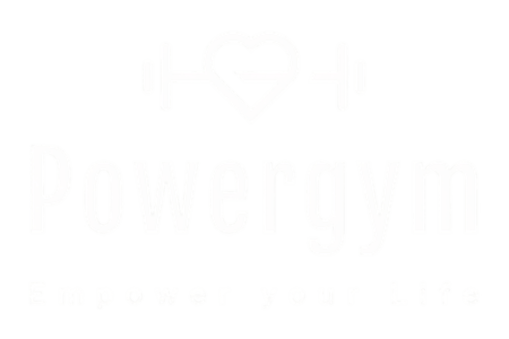 Powergym Logo mit Hantel-Herz-Symbol und dem Slogan Empower your Life auf schwarzem Hintergrund.