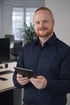 Ein lächelnder rothaariger Mann in dunklem Hemd hält ein Tablet in einem Büro.