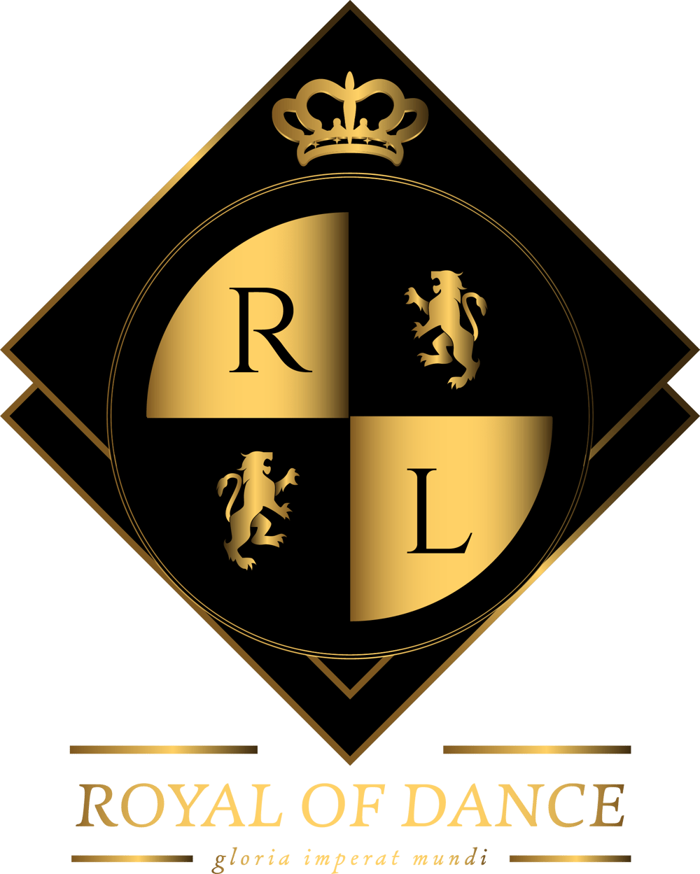 Black and gold diamond shield with a crown, letters R and L, two lions, and "ROYAL OF DANCE gloria imperat mundi".