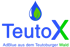 TeutoX Logo: Blaue Schrift, das "X" ist grün, darüber eine blaue Flamme mit grünem Blatt. Darunter: "AdBlue aus dem Teutoburger Wald".