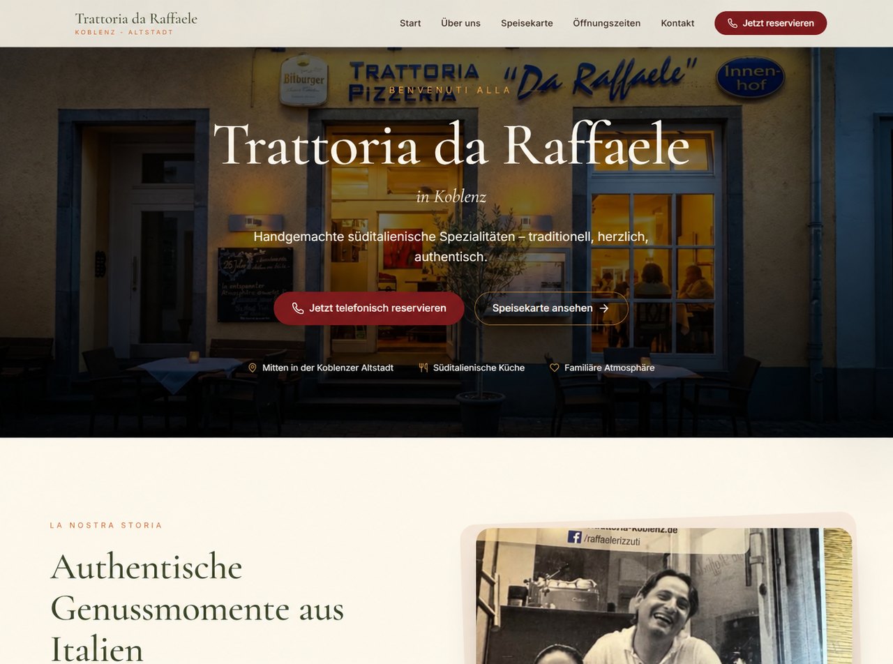 Website der Trattoria da Raffaele mit Restaurantfoto und klarer Navigation