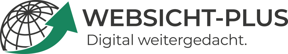 Logo: WEBSICHT-PLUS, Digital weitergedacht. Eine Weltkugel mit einem grünen Pfeil.