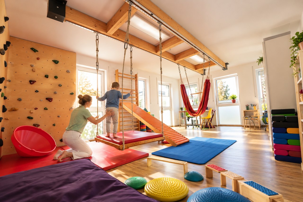 Bewegungsraum mit Kletterwand, Hängematten und Bodenmatten