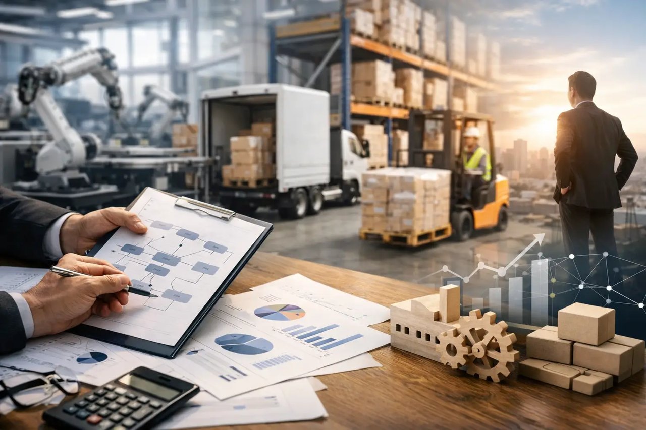 Logistik-Manager analysiert Ablaufpläne und Grafiken vor einem Lager mit Roboterarmen, LKW und Gabelstapler.