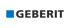 Blaues Quadrat und der schwarze Text "GEBERIT" auf dunkelgrünem Hintergrund.