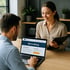 Eine Frau lächelt, während ein Mann auf einem Laptop die Webseite "We're Hiring" ansieht.