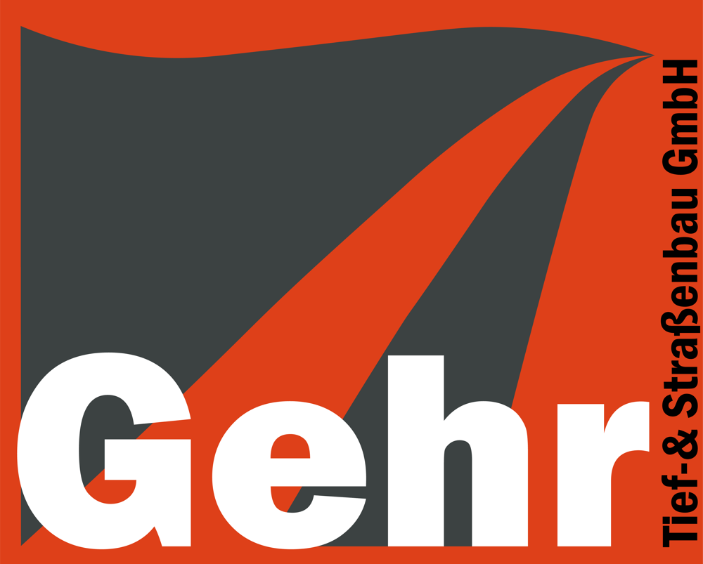 Gehr Tief- & Straßenbau GmbH Logo: roter und grauer Hintergrund mit weißen Buchstaben.