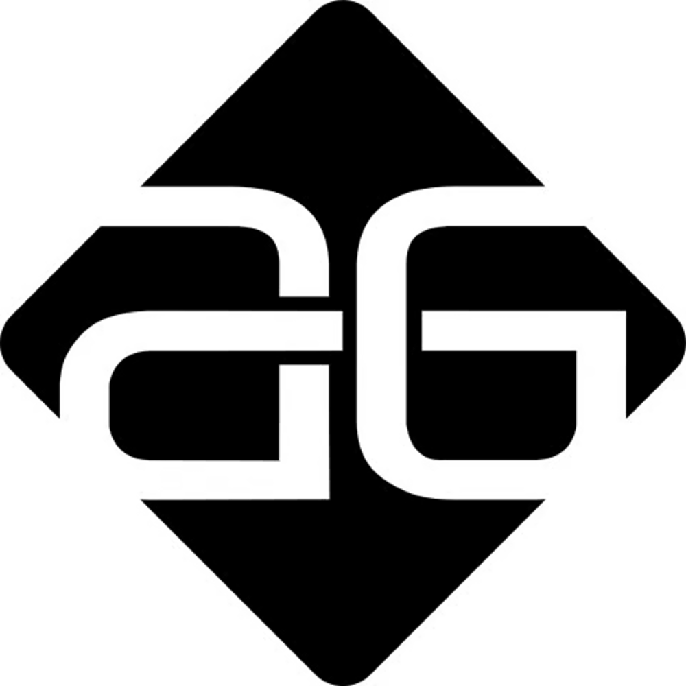 Stylisiertes schwarzes Logo mit zwei spiegelverkehrten, ineinander verschlungenen "G"-Buchstaben.