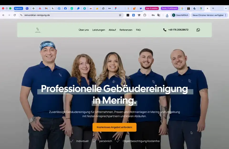 Bildschirmaufnahme der Website von Rein & Klar Gebäudereinigung