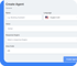 "Create Agent" form with fields for Name, Language (English US), Voice (Adrian), Response Engine, and Area Code (415).
