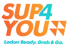 SUP4YOU-Logo mit Text "Locker Ready. Grab & Go." in Orange und Blau auf dunkelgrünem Hintergrund.