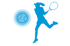Blaue Silhouette einer Tennisspielerin beim Schlag und ein Tennisball auf schwarzem Hintergrund.