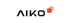 AIKO Logo in grauer Schrift auf schwarzem Hintergrund mit zwei versetzten orangefarbenen Quadraten rechts oben.