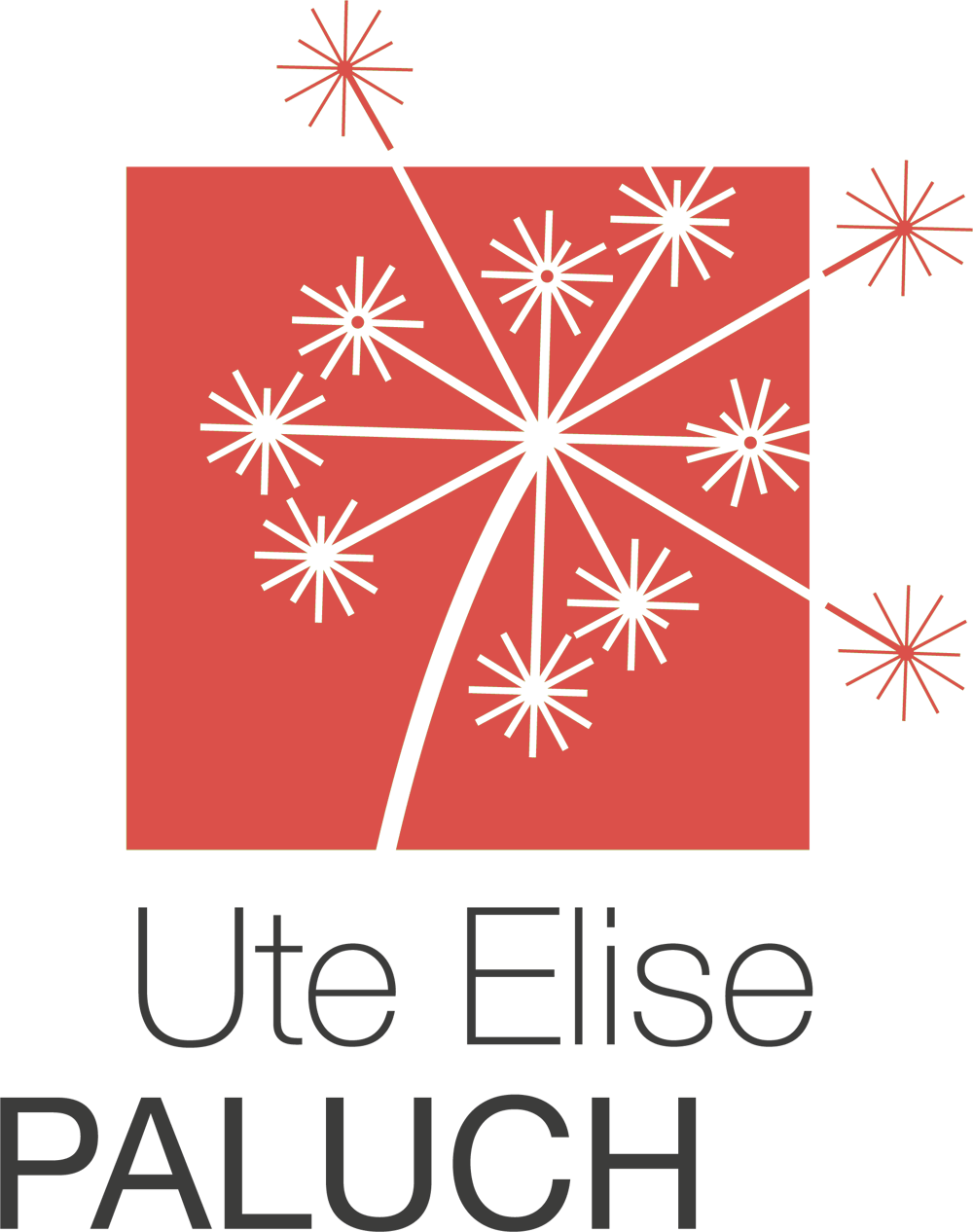 Grünes Logo mit rotem Quadrat, stilisierter Pusteblume und dem Text "Ute Elise PALUCH".