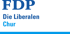 Blaugrüner Hintergrund mit blauem Text "FDP Die Liberalen Chur" und einem blauen Streifen am unteren Rand.