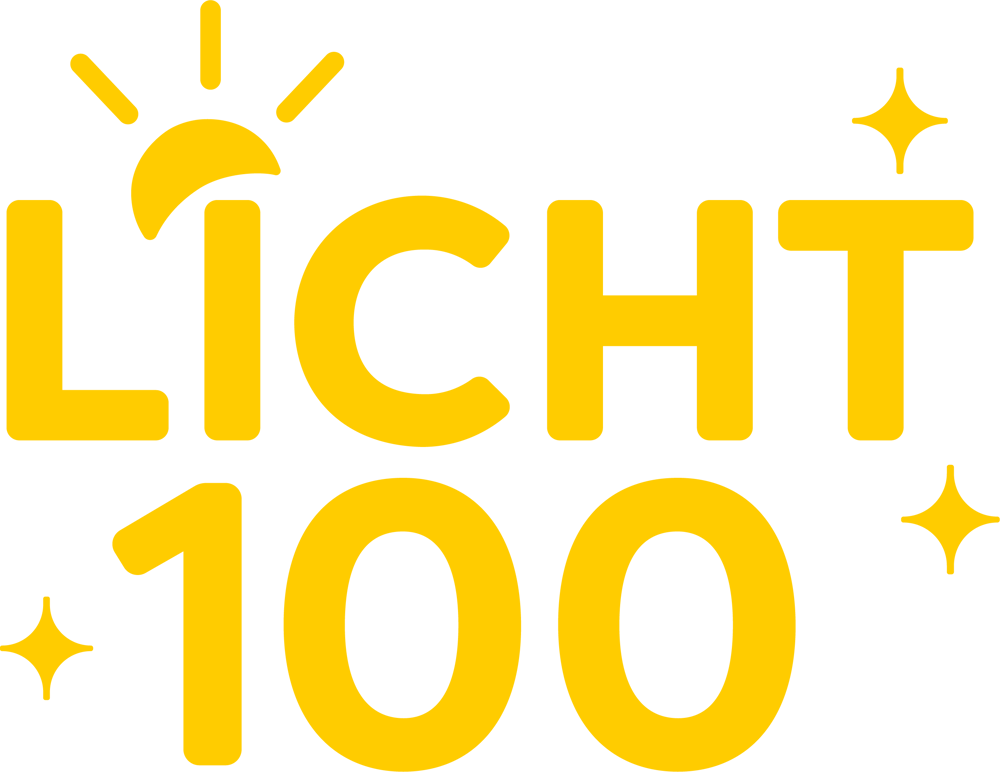 Gelber Text "LICHT 100" auf dunkelgrünem Hintergrund mit Sonnen- und Stern-Symbolen.