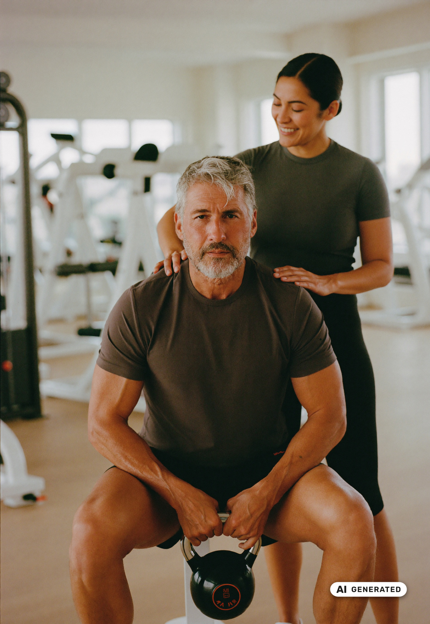 Mann um die 60 macht eine Kniebeuge mit Kettlebell, eine Trainerin korrigiert die Haltung
