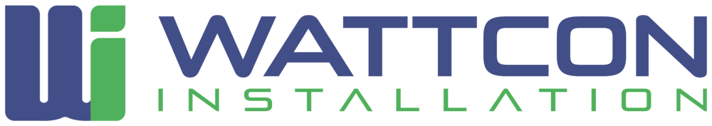 Wattcon Installation Logo: Großbuchstaben in Blau und Grün auf dunklem Hintergrund.