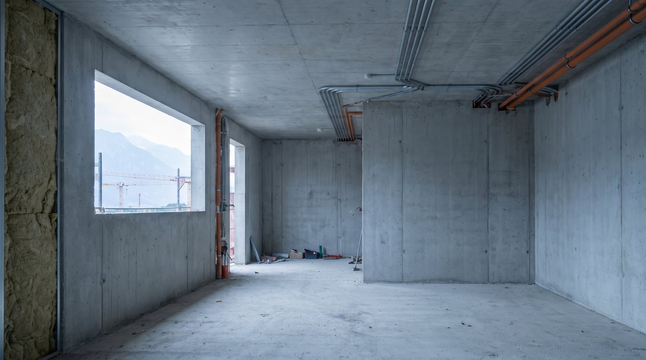 Rohbau-Innenraum mit sichtbaren Leitungen an der Decke