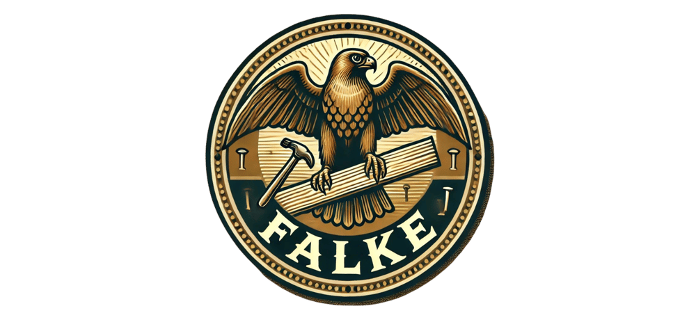 Rundes Logo mit einem Falken, der Hammer und Holzbrett hält, und dem Schriftzug „FALKE“.